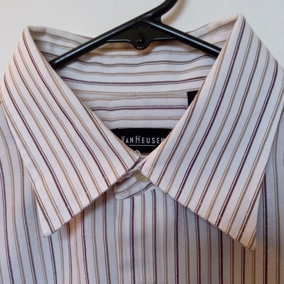 VAN HEUSEN MENS SHIRT MEDIUM SHORT SLEEVE 15"-15.5" NECK BROWN TAN WHITE STRIPES - Picture 3 of 4